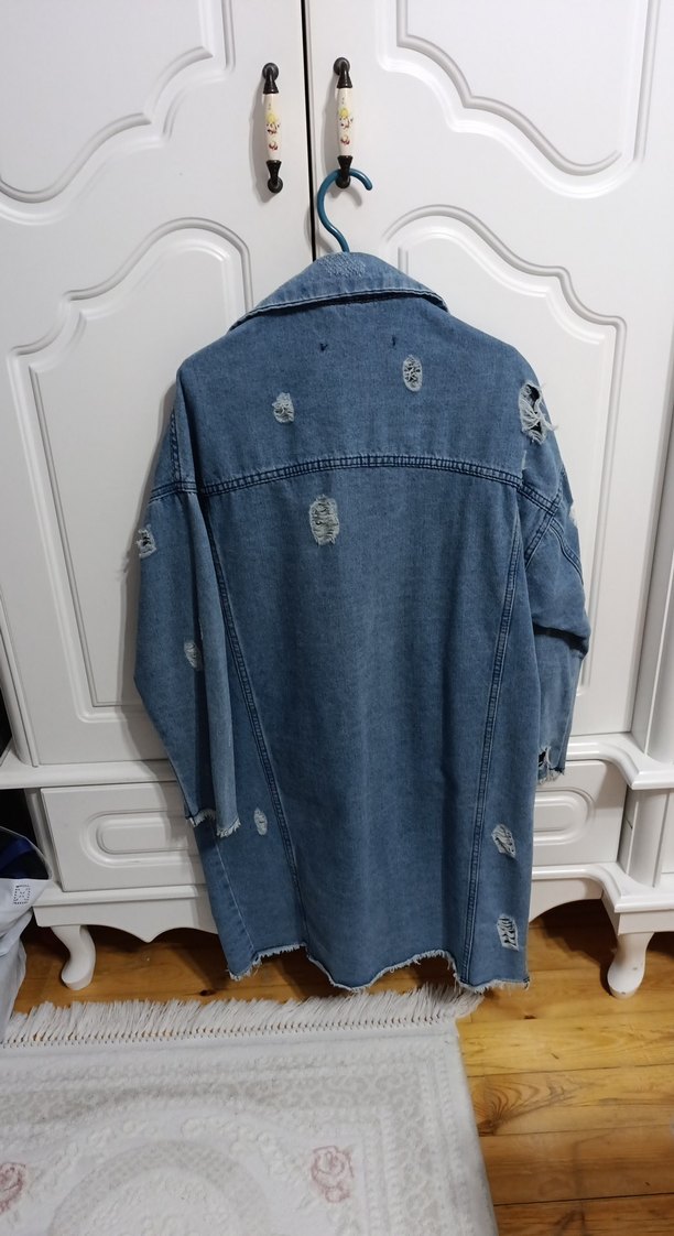 Düğmeli Uzun Mavi Kadın Denim Ceket - Görsel 5