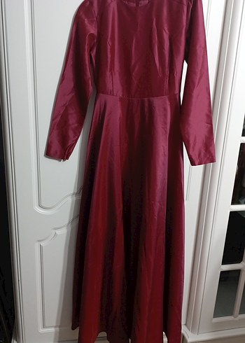 Bordo Uzun Kollu Saten Kadın Elbise - Görsel 2