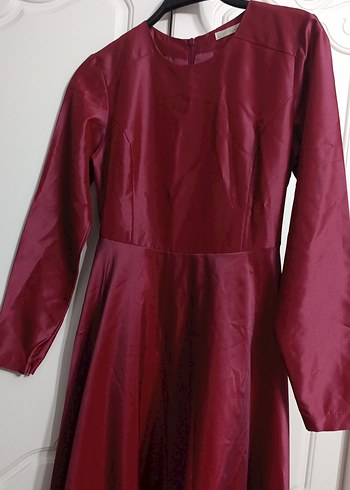Bordo Uzun Kollu Saten Kadın Elbise - Görsel 3