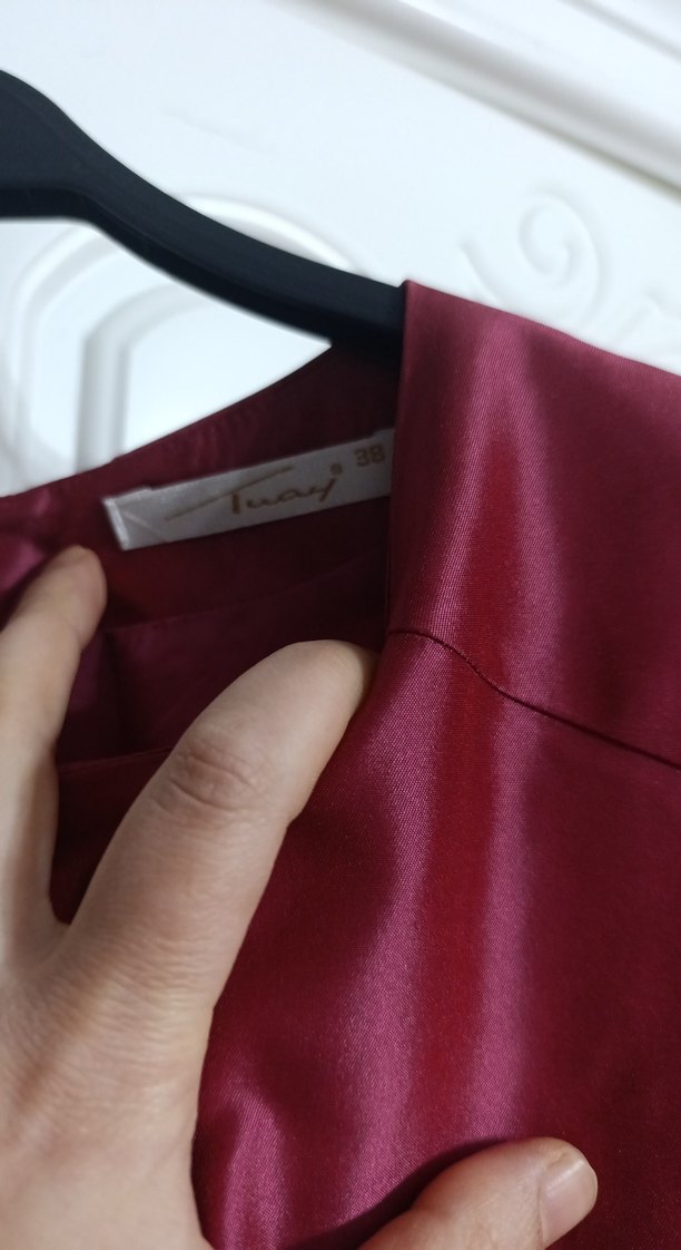 Bordo Uzun Kollu Saten Kadın Elbise - Görsel 4