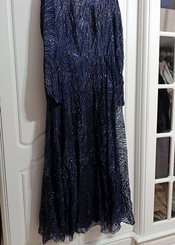 Kadın Lacivert Uzun Drapeli Abiye Elbise - Görsel 3