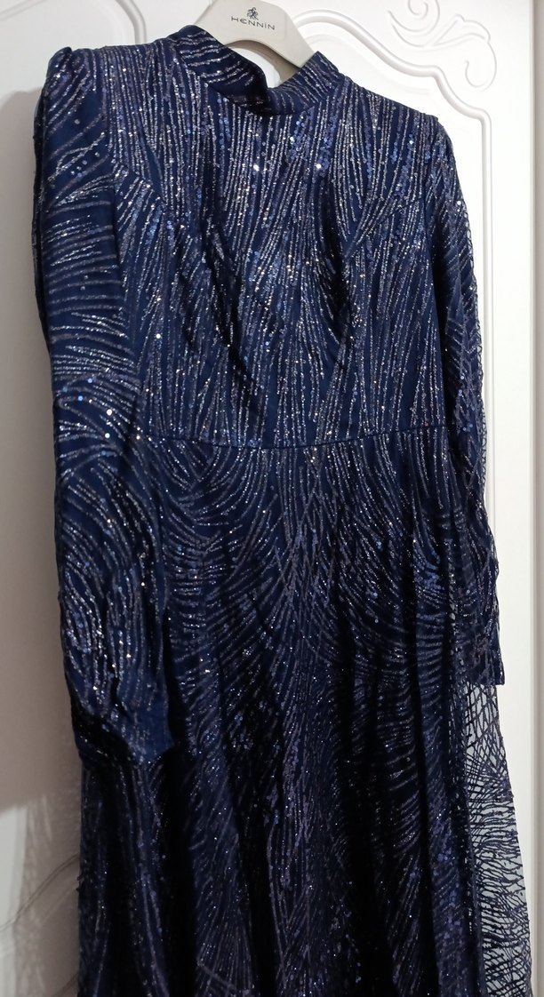 Kadın Lacivert Uzun Drapeli Abiye Elbise - Görsel 2