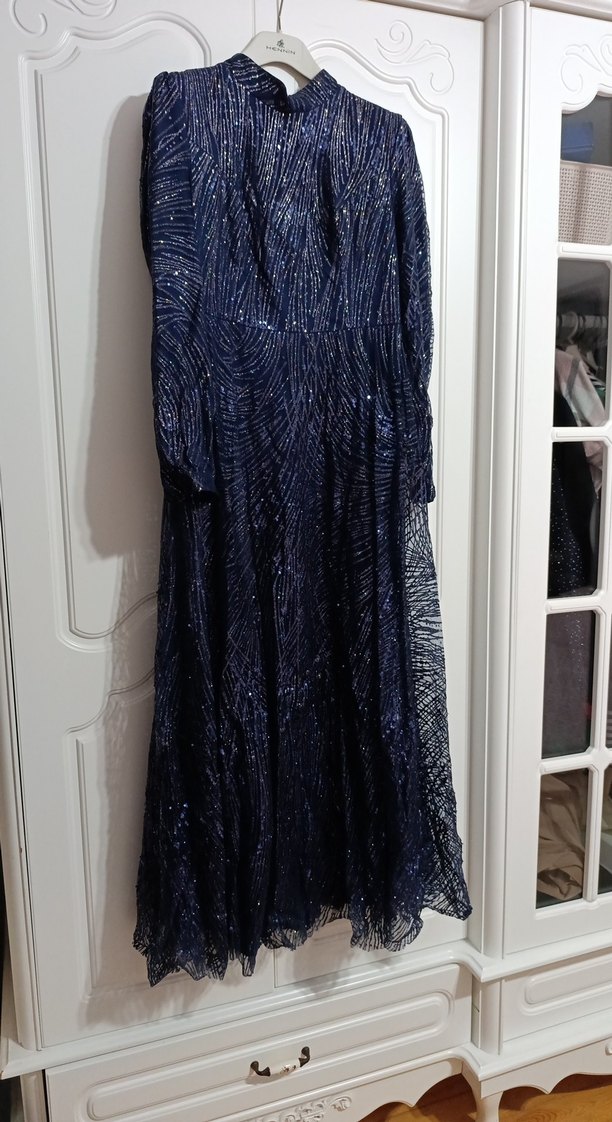 Kadın Lacivert Uzun Drapeli Abiye Elbise - Görsel 3