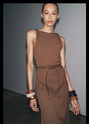 Kahverengi Kemerli Uzun Kadın Elbise - Görsel 3