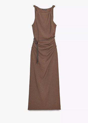 Kahverengi Kemerli Uzun Kadın Elbise - Görsel 2