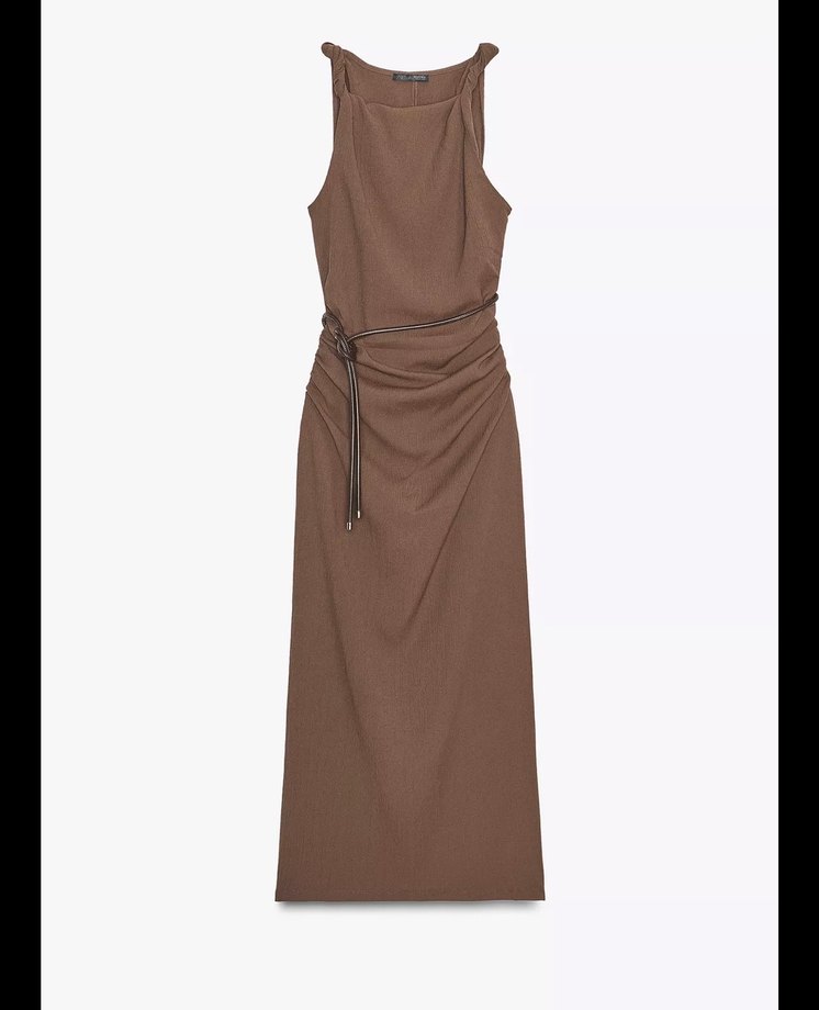 Kahverengi Kemerli Uzun Kadın Elbise - Görsel 2