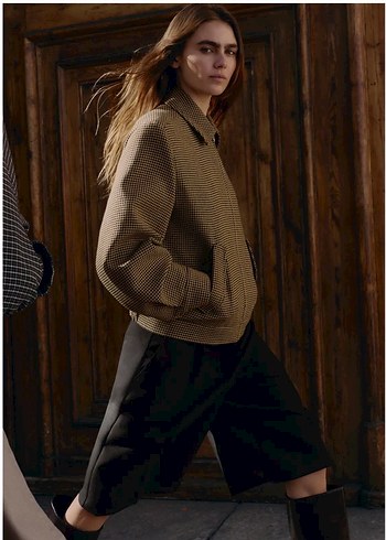 Bej Ekose Desenli Kadın Midi Ceket - Görsel 4