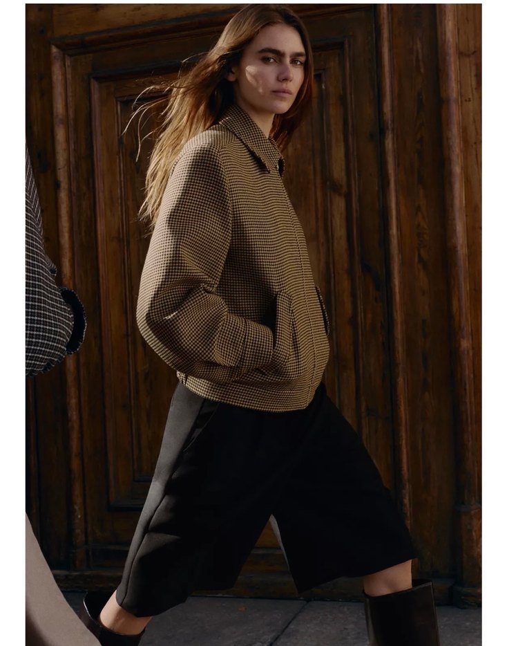 Bej Ekose Desenli Kadın Midi Ceket - Görsel 4