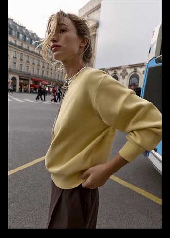 Sarı Fermuarlı Kadın Triko Sweatshirt - Görsel 3