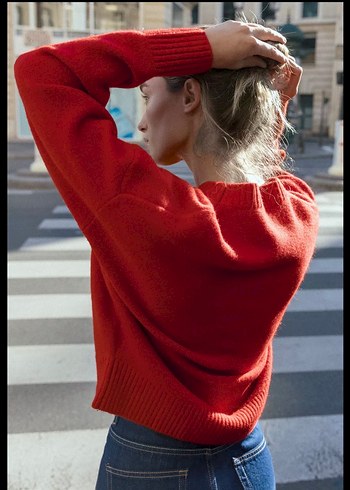 Kırmızı Kadın Triko Süet Kazak - Görsel 2