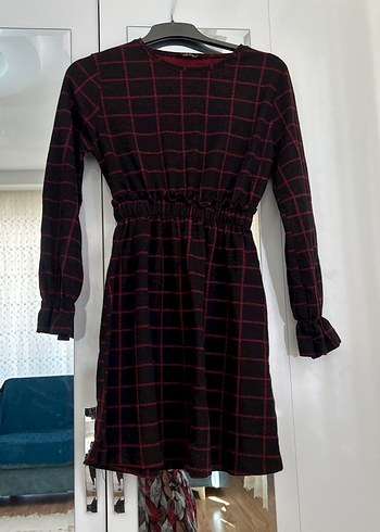 LC Waikiki Bordo Ekose Desenli Kadın Uzun Kollu Elbise