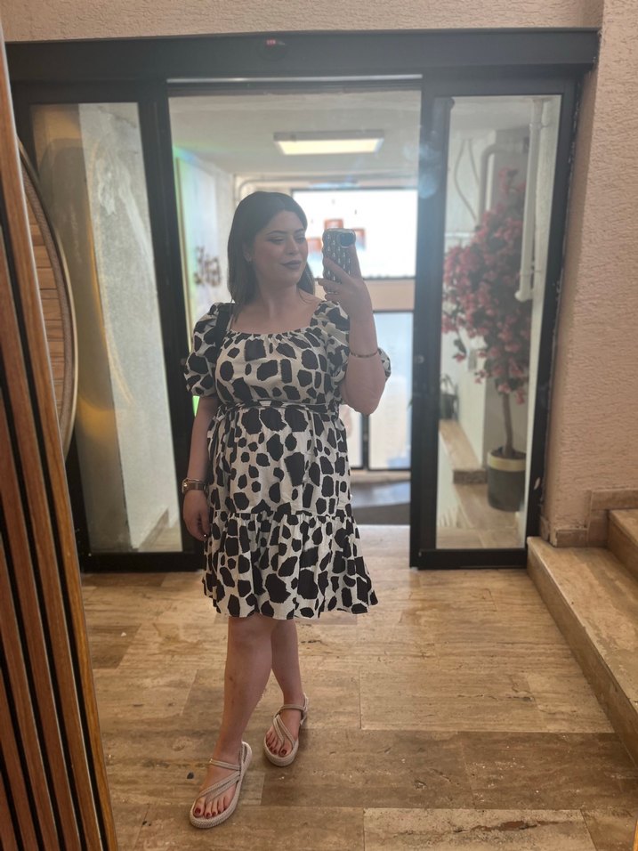 Leopar Desenli Kısa Puf Kollu Kadın Elbise - Görsel 2