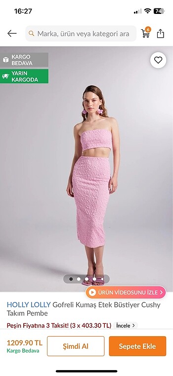 holly lolly gofreli kumaş pembe crop etek takım