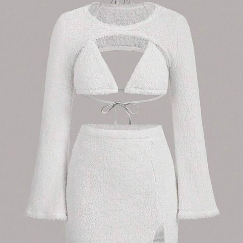 Sheinside beyaz peluş etek crop takım
