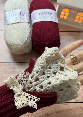 Bordo Dantelli Kadın Örgü Eldiven - Görsel 3