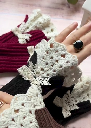 Bordo Dantelli Kadın Örgü Eldiven - Görsel 2