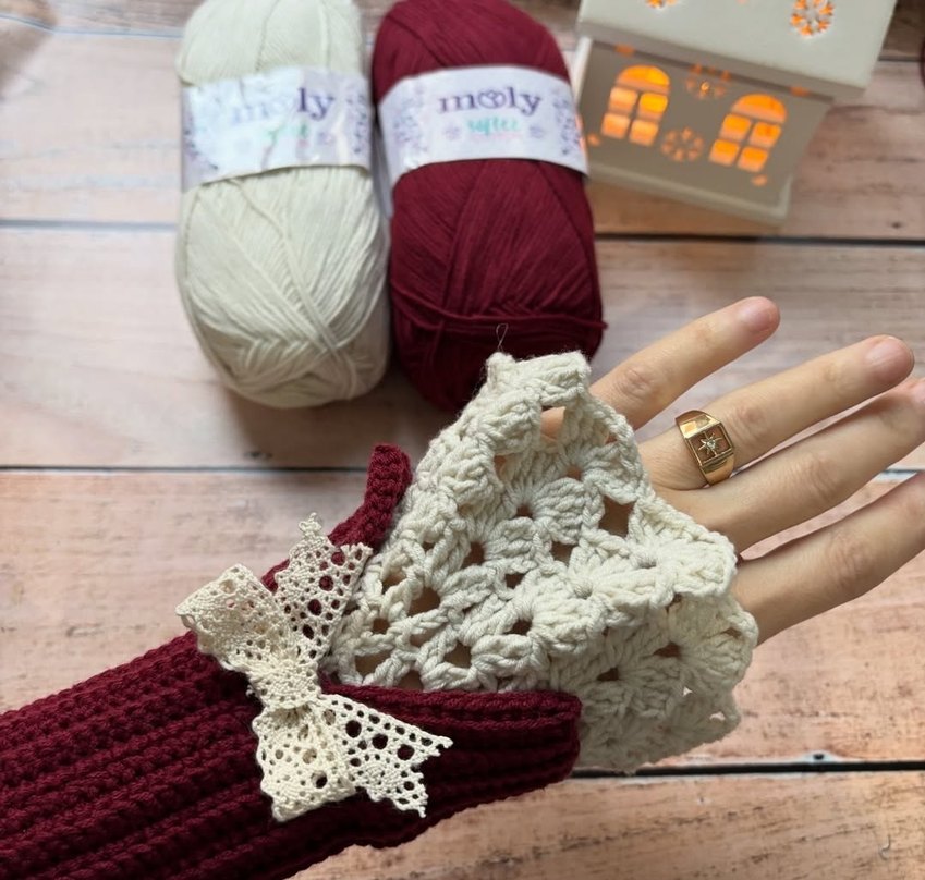 Bordo Dantelli Kadın Örgü Eldiven - Görsel 3