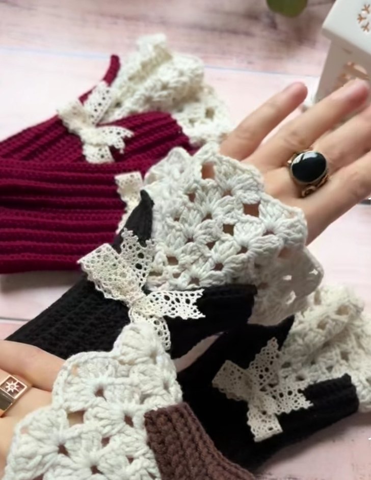 Bordo Dantelli Kadın Örgü Eldiven - Görsel 2