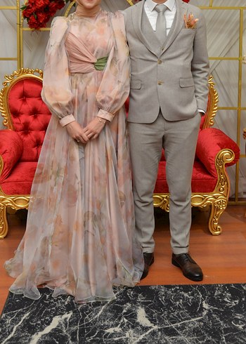 Zaira Dress Desenli Kamelya Abiye Elbise - Görsel 3