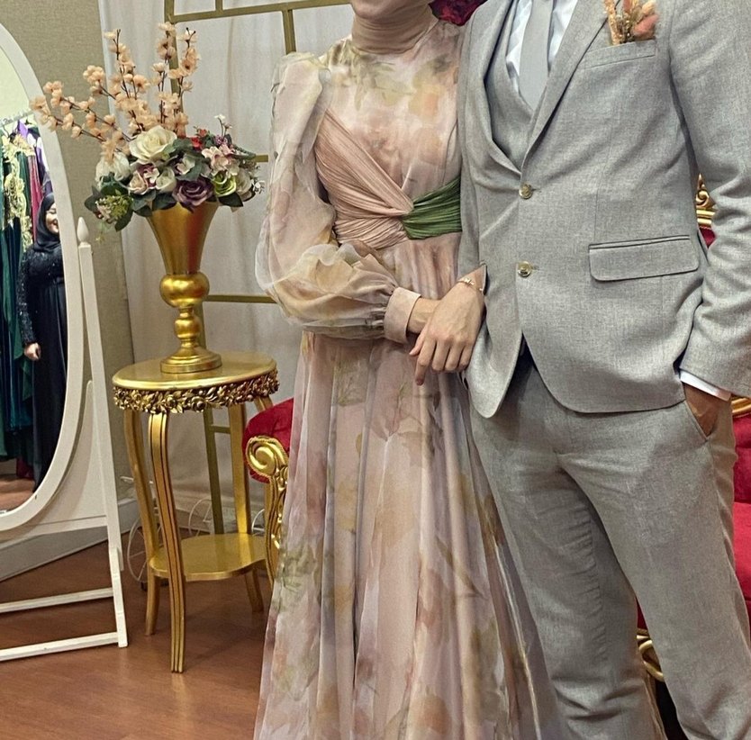 Zaira Dress Desenli Kamelya Abiye Elbise - Görsel 5