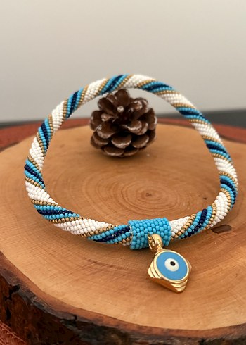 Uzun Turkuaz Boncuklu Bohem Desenli kedi kolyesi - Görsel 2