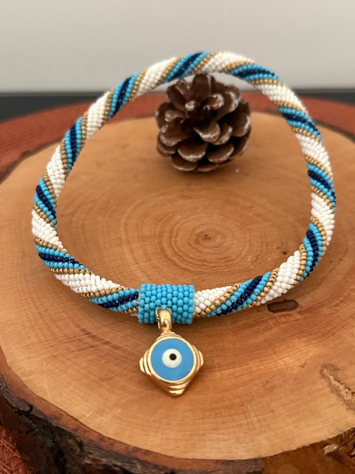 Uzun Turkuaz Boncuklu Bohem Desenli kedi kolyesi - Görsel 4