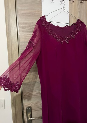 Bordo Uzun Kollu V Yaka Abiye Elbise - Görsel 2