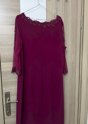 Bordo Uzun Kollu V Yaka Abiye Elbise - Görsel 3