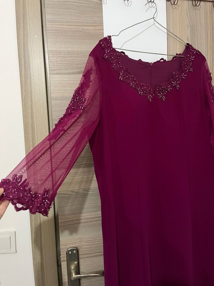 Bordo Uzun Kollu V Yaka Abiye Elbise - Görsel 2