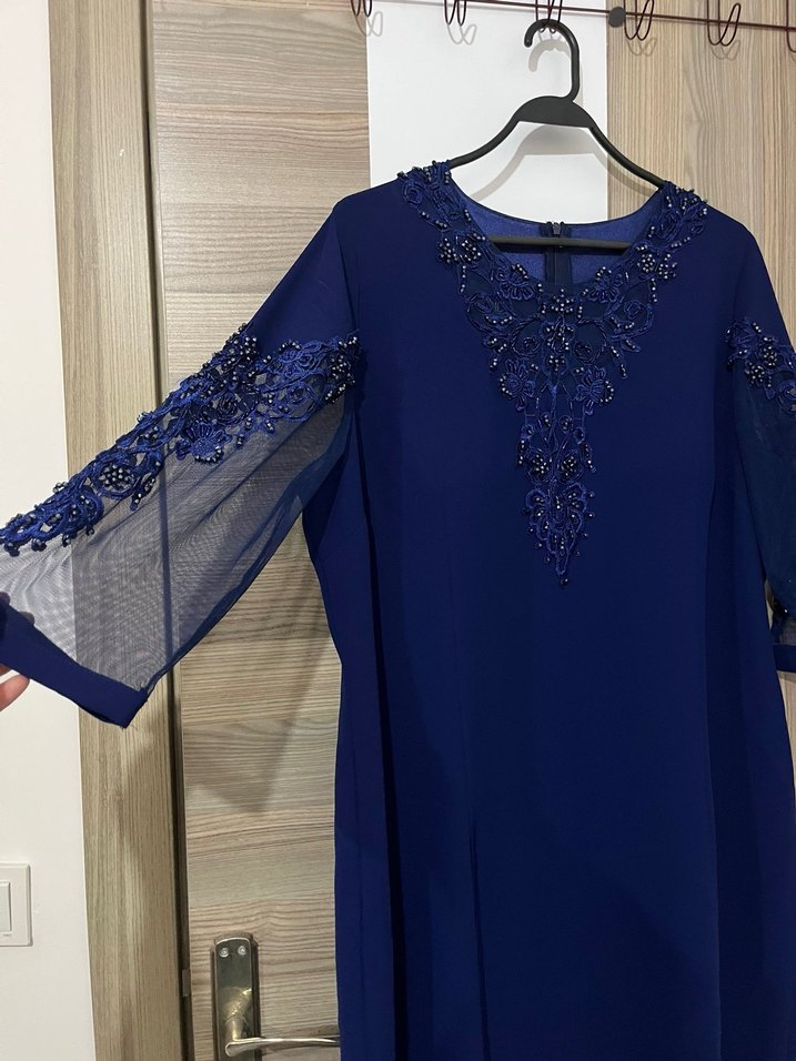Lacivert Nakışlı Uzun Kadın Abiye Elbise - Görsel 3