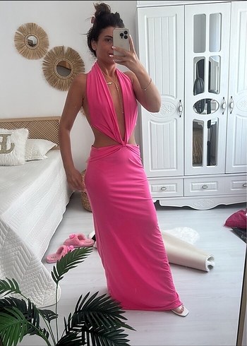 m Beden pembe Renk Pembe Drapeli Uzun V Yaka Elbise