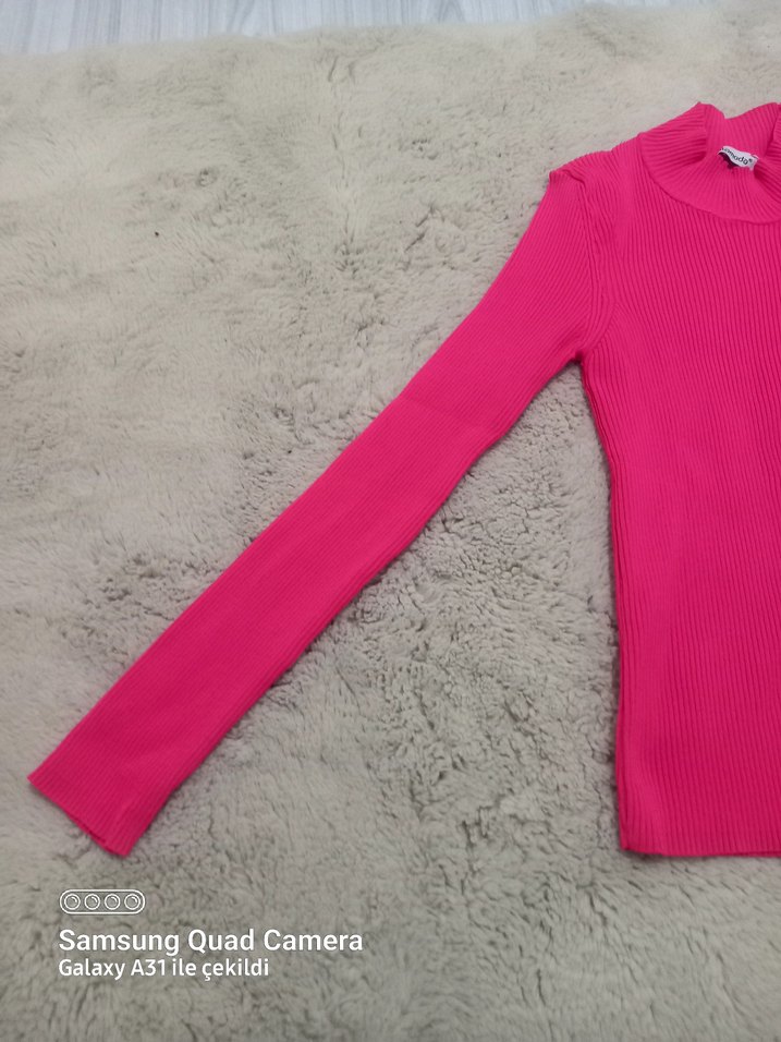 Pembe Yüksek Yakalı Kadın Triko Kazak - Görsel 2