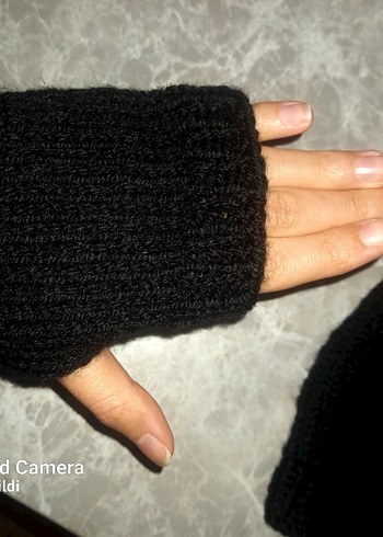 Siyah Kadın örgü Eldiven Velcro - Görsel 3