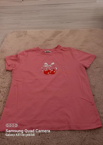 Pembe Kiraz Baskılı Kısa Kollu Tişört