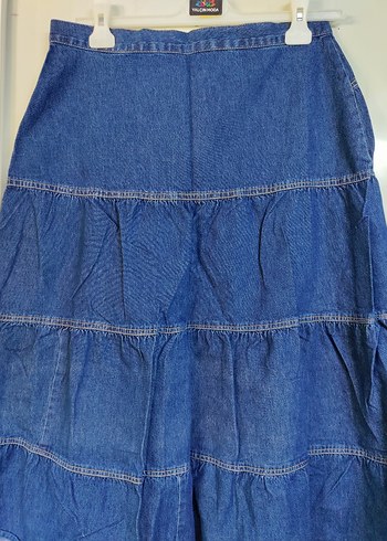 Mavi Renkli Kot Kumaş Volanlı Midi Etek - Görsel 2