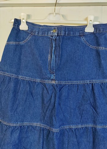 Mavi Renkli Kot Kumaş Volanlı Midi Etek - Görsel 4