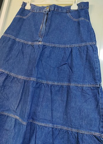 Mavi Renkli Kot Kumaş Volanlı Midi Etek - Görsel 3