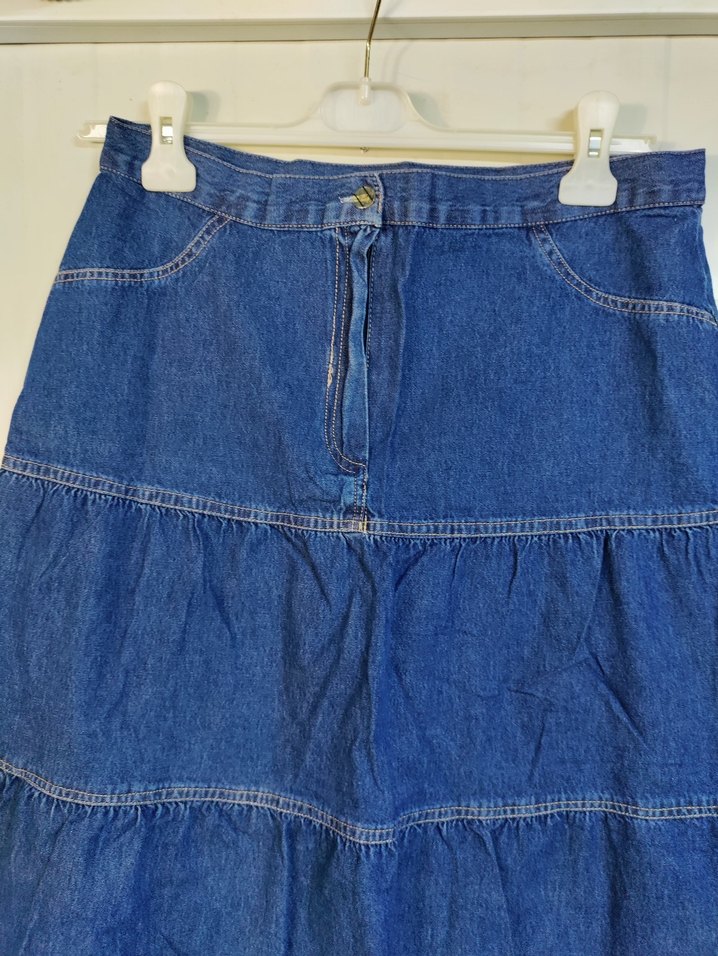 Mavi Renkli Kot Kumaş Volanlı Midi Etek - Görsel 4