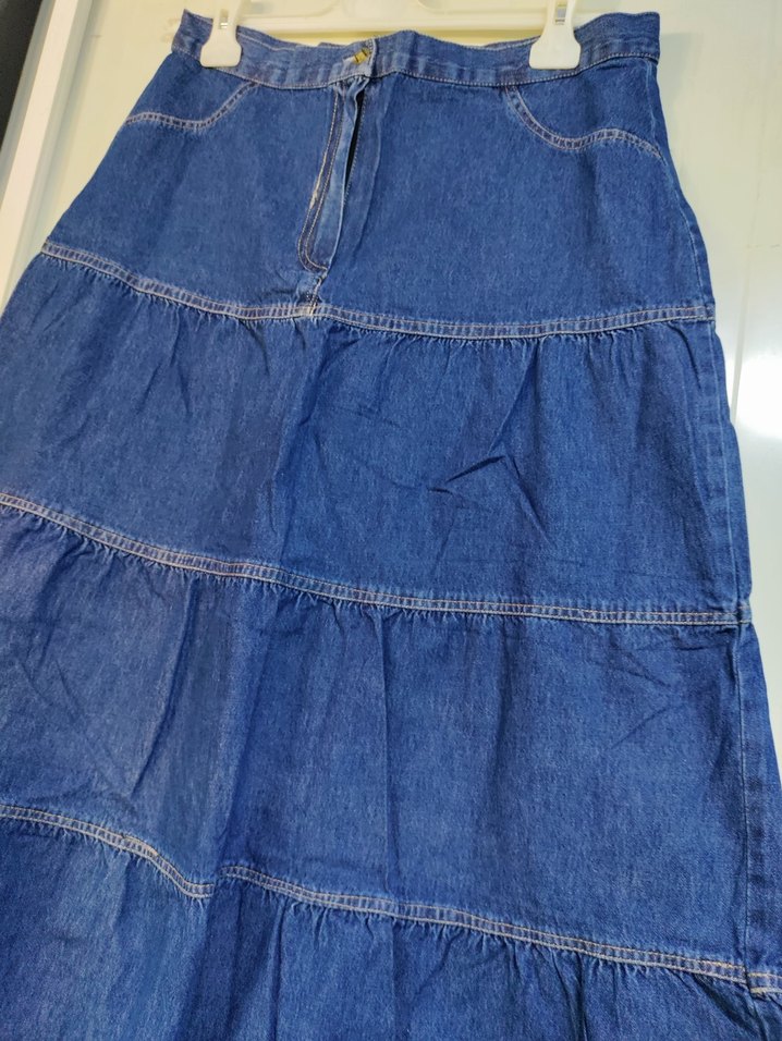 Mavi Renkli Kot Kumaş Volanlı Midi Etek - Görsel 3