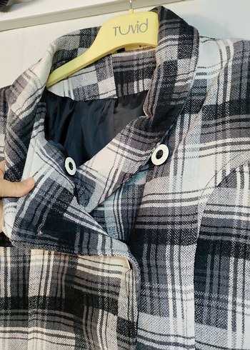 Düğmeli Gri Kareli Midi Kadın Kaban - Görsel 3