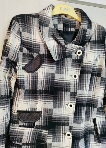 Düğmeli Gri Kareli Midi Kadın Kaban - Görsel 4