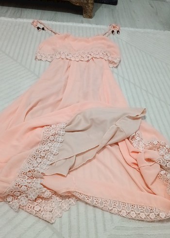 Dantel Detaylı Pembe Uzun Elbise - Görsel 3