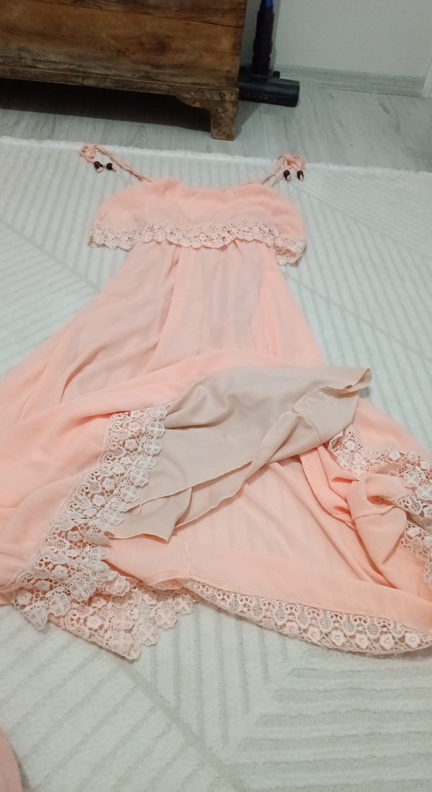 Dantel Detaylı Pembe Uzun Elbise - Görsel 3