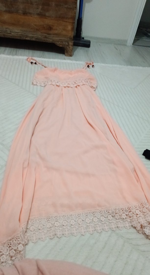 Dantel Detaylı Pembe Uzun Elbise - Görsel 4