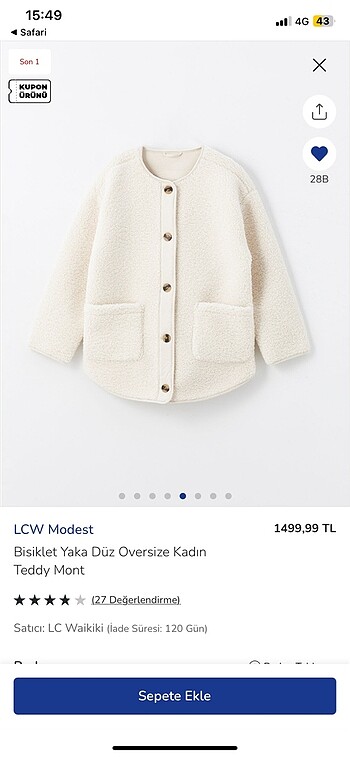 LC Waikiki Bisiklet yaka oversize düz teddy mont bej krem renk