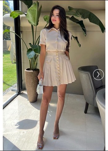 On Fashion Piliseli Gold Düğmeli Kadın Elbise