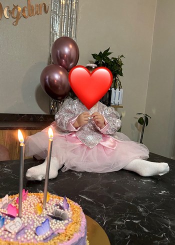 Diğer Pullu Pembe Uzun Kollu Kız Elbisesi Doğum Günü elbisesi tütülü