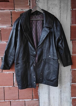 Unisex vintage uzun deri ceket mont