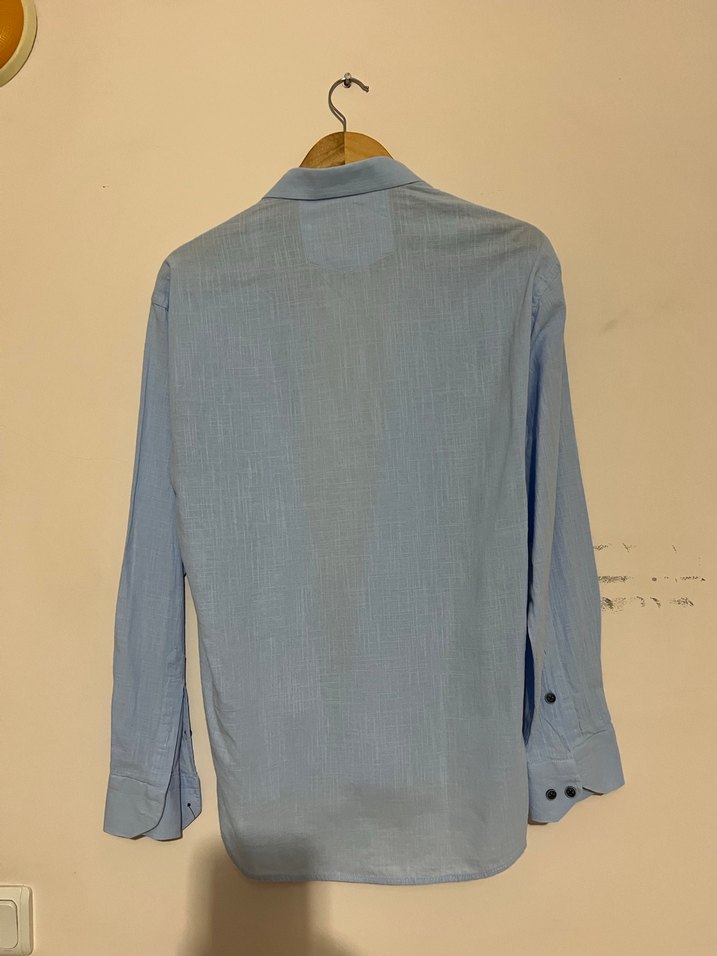 Mavi Keten Erkek Gömlek Uzun Kollu - Görsel 4