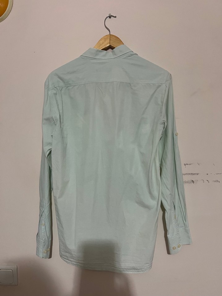 Bej Erkek Keten Gömlek, Uzun Kollu, Düğmeli - Görsel 4